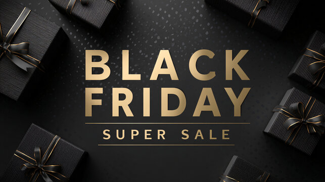 Elegant Black Friday super sale promotion with luxury gift boxes and golden text