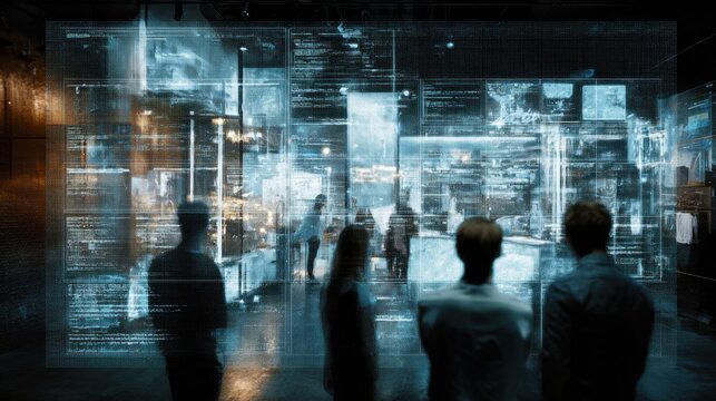Silhouettes of people viewing a large interactive holographic display showing data streams and digital information