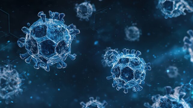 Abstract Digital Representation Of Coronavirus Particles In Dark Blue Background