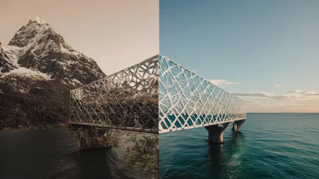 Split-screen Glacier/modern building. One half shows a mountain, the other a sea structure