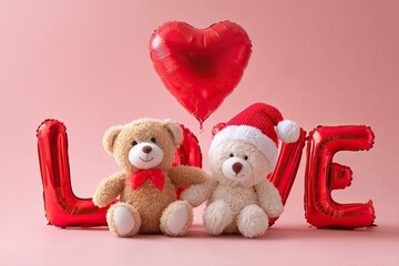 Fluffy teddy bears arranging shiny red balloons spelling LOVE in warm romantic setting, symbolizing affection, togetherness, celebration, and heartwarming relationships in gentle light.