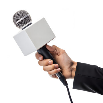 Reporter's hand holding a microphone with a large blank white flag, ready for a media interview, press conference, or news broadcast.
