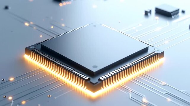 A detailed close-up of a central processing unit, lit from the edges, set on a circuit board