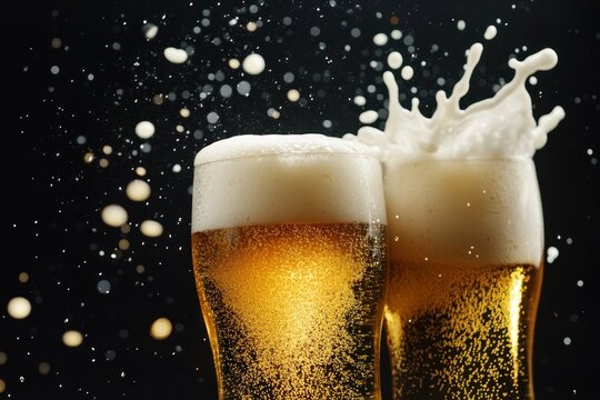A close-up shot of two glasses of beer, one with a frothy head and the other with a splash of liquid, set against a dark background with a bokeh effect of light spots.