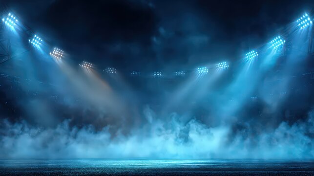 Dramatic Stadium Lights Illuminate Blue Mist with Dark Sky Background Night View