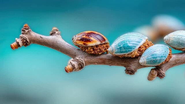Shells perched on a branch against a blurred turquoise backdrop. The image shows a macro view of the small shells