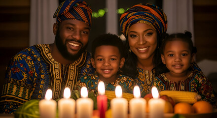 Happy Kwanzaa celebration with joyful African family dressed in vibrant traditional attire gathered around glowing kinara candles and festive fruits symbolizing unity culture and heritage in warm cozy