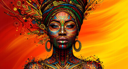 African cultural artwork featuring vibrant tribal face paint and colorful headwrap with detailed patterns and expressive design representing heritage unity and creative spirit on bright artistic 