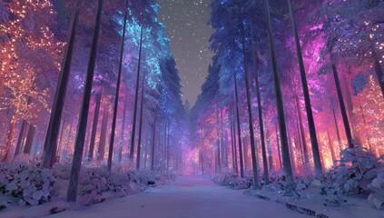 Vibrant photo of magical winter forest path under a starry sky with neon light