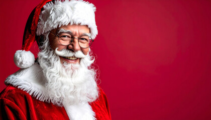 Retrato de Papá Noel con barba blanca, gorro y traje rojo, aislado sobre fondo rojo con espacio para texto, para mensaje navideño, cartas navideñas, campañas de navidad y felicitaciones.