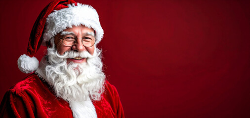 Retrato de Papá Noel con barba blanca, gorro y traje rojo, aislado sobre fondo rojo con espacio para texto, para mensaje navideño, cartas navideñas, campañas de navidad y felicitaciones.