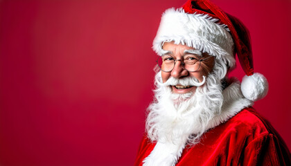 Naklejka premium Retrato de Papá Noel con barba blanca, gorro y traje rojo, aislado sobre fondo rojo con espacio para texto, para mensaje navideño, cartas navideñas, campañas de navidad y felicitaciones.