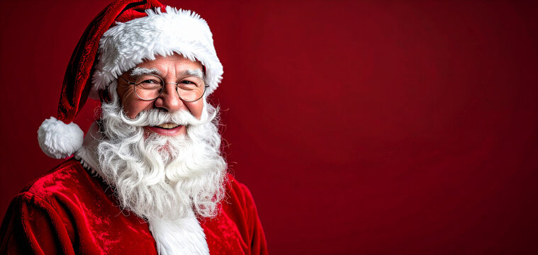Retrato de Pap&aacute; Noel con barba blanca, gorro y traje rojo, aislado sobre fondo rojo con espacio para texto, para mensaje navide&ntilde;o, cartas navide&ntilde;as, campa&ntilde;as de navidad y felicitaciones.