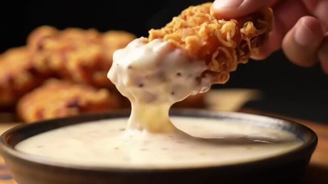 Dipping fried chicken nugget into sauce.