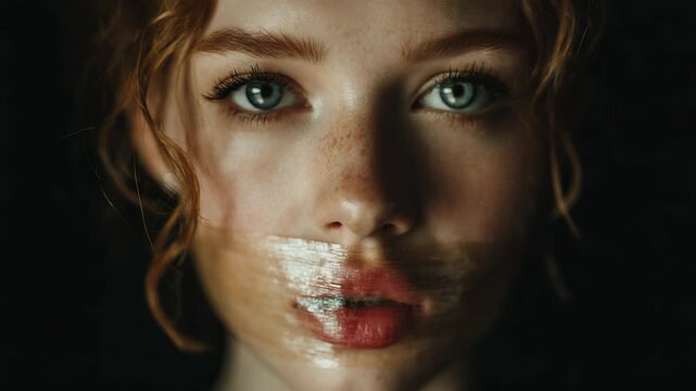 Close-up Portrait of a Young Woman with Red Hair and Blue Eyes, Mouth Covered with Transparent Tape, Dramatic Lighting