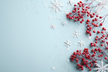 Festive Winter Composition with Red Berries and White Snowflakes on Light Blue Background