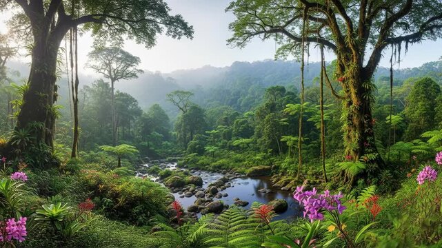 Serene Panoramic Rainforest Landscape with Diverse Flora and Towering Trees on curve, awe, dreamy