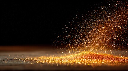 Golden Glittering Particles Poured Over Dark Surface Bokeh Background