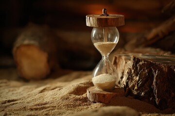 Hourglass on Sand with Wooden Accents against Rustic Background Dramatic Lighting