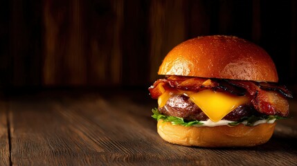 Gourmet Burger with Bacon Cheese and Lettuce on a Wooden Surface with a Dark Background