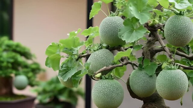 Bonsai tree with melonlike fruits.