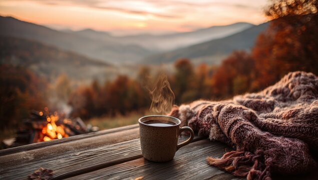 Vibrant photo of steaming mug of coffee on wooden table with cozy blanket outdoors