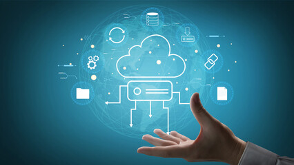 A cloud storage and data synchronization service ecosystem. A concept of cloud computing for file storage, backup, and sharing across devices. Motif