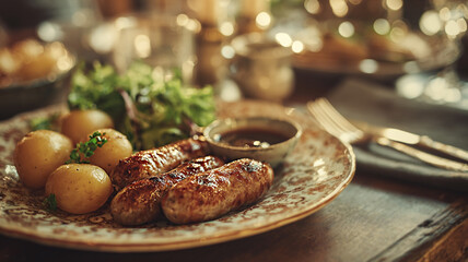 Fototapeta premium Crispy sausages with potatoes and sauce on plate