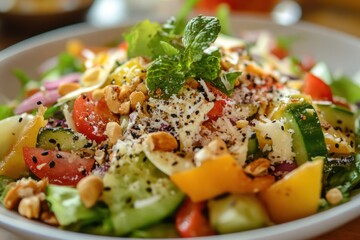 A vibrant salad of fresh vegetables, topped with sesame seeds, peanuts, and a sprinkle of green herbs, set against a backdrop of a wooden table and a blurred cityscape.
