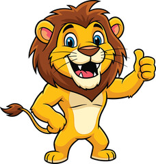 Happy cartoon lion mascot giving thumbs up, standing smiling character with big mane, isolated vector illustration for kids design and logo
