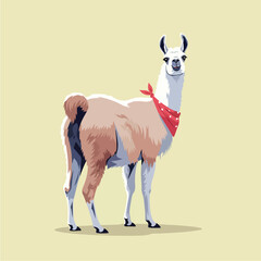 Naklejka premium Cute Llama Wearing a Red Bandana Standing on a Light Background.