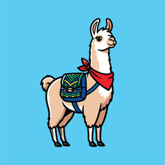 Naklejka premium Cute Llama Wearing a Red Bandana and Saddle Bag.