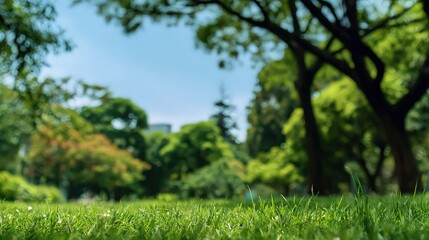 Lush Green Lawn in a Park with Towering Trees and Bright Sky Landscape with Focus on Blades of Grass and Distant Foliage on Sunny Day