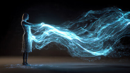 A 3D holographic projection of a human silhouette interacting with a vibrant, flowing data stream interface