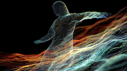 A 3D holographic projection of a human silhouette interacting with a vibrant, flowing data stream interface
