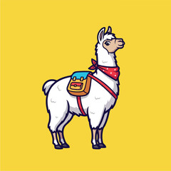 Naklejka premium Cute Llama Wearing a Red Bandana and Saddle Bag on a Yellow Background.