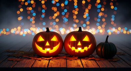 Halloween pumpkins with glowing faces and autumn leaves on wooden table
