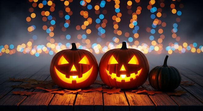 Halloween pumpkins with glowing faces and autumn leaves on wooden table