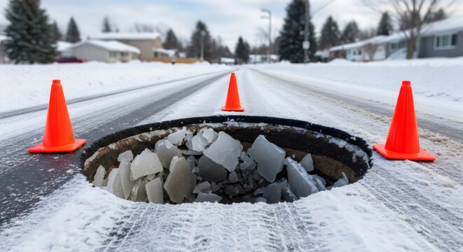 Large pothole filled with ice on snow-covered road marked by three orange safety cones. Winter road damage and potential hazard concept.