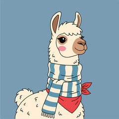 Obraz premium Cute Llama Wearing a Striped Scarf and Red Bandana.