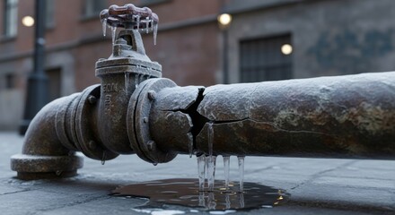 Broken pipe on a street with water leaking and icicles forming. Concept of frozen water causing burst plumbing during winter.