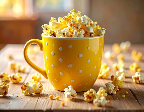 Yellow Polka Dot Mug Filled with Popcorn on Gray Surface