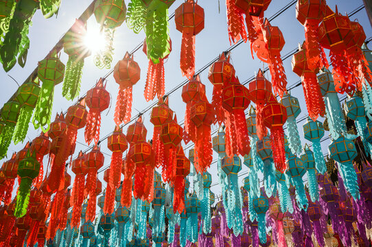 Colorful paper lanterns at the temple, Lamphun, Chiang Mai, Thailand
