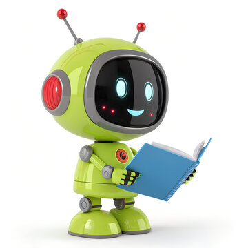 A cute, green robot character reading a book. A friendly 3D illustration of AI and machine learning for future education, isolated on a white background.
Generative Ai.