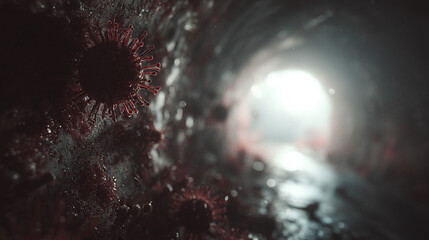 Red virus molecule attached to tunnel wall