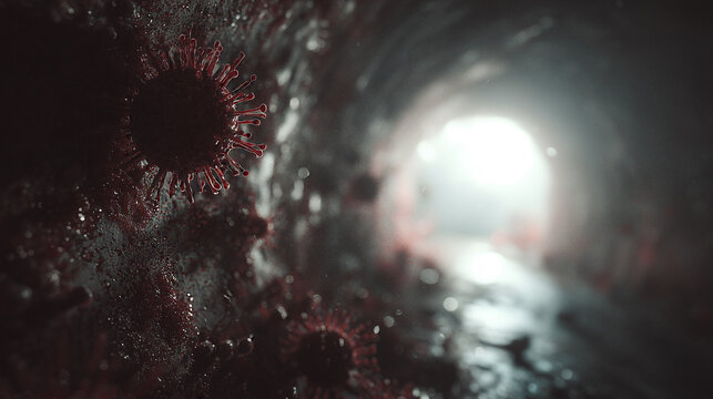 Red virus molecule attached to tunnel wall - Powered by Adobe