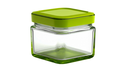 Empty square glass storage jar with a vibrant green plastic lid isolated on transparent background