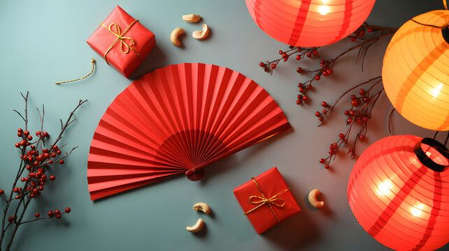 Overhead view of traditional chinese new year decoration with red fan, lantern, gift box, and cashew nut on teal surface