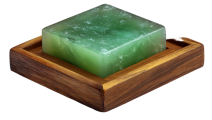 Organic green handmade soap bar on a wooden dish, natural hygiene isolated on transparent background