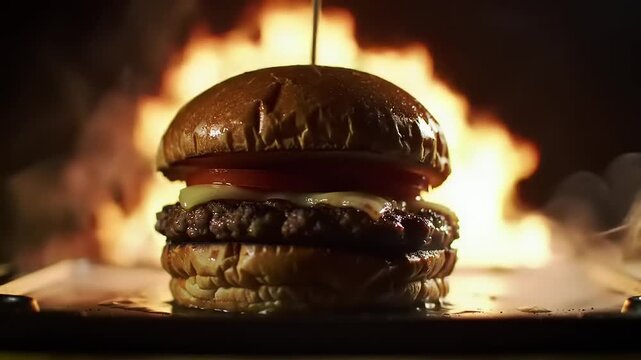 Double burger with fire background.